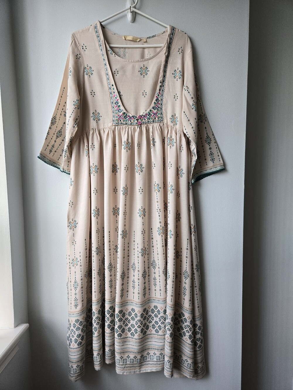 Boho Dress Cream Teal Indie Embroidery 2X Maxi Peasant Empire Waist 3/4 Sleeve